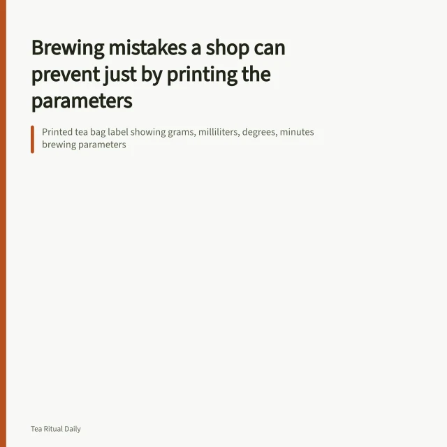 Printed tea bag label showing grams, milliliters, degrees, minutes brewing parameters. Brewing mistakes a shop can prevent just by printing the parameters