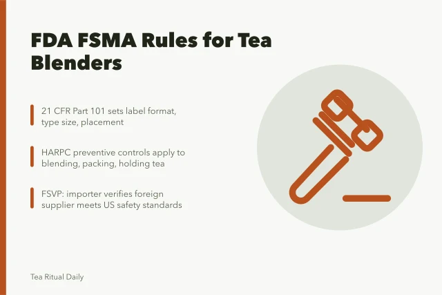 Tea compliance card: FDA labeling, preventive controls, supplier verification rules. FDA and FSMA rules for tea blenders, labels and foreign suppliers explained