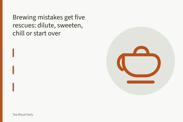 Hot water poured from a kettle into a cup of over-strong tea. Brewing mistakes get five rescues: dilute, sweeten, chill or start over