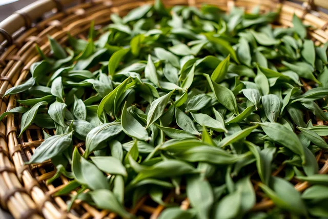 Fresh tea leaves withering in a shallow bamboo tray. One small garden, one dial: how American tea brands actually get made