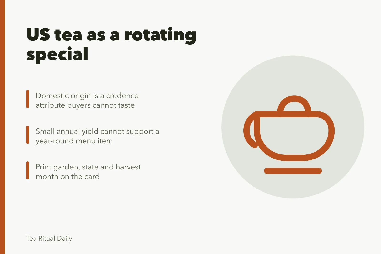Card on US-grown tea as a rotating special with provenance. Why American tea brands work better as a special than a fixed list
