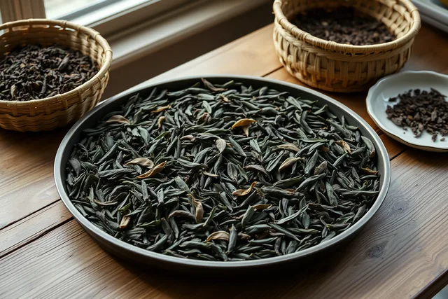 Loose orthodox tea leaves tumbled together in a small blending batch. Portland and Seattle tea blenders compared on sourcing and batch size