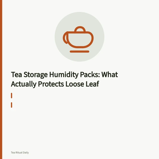 Two-way humidity pack in tea tin lid above loose leaf with digital hygrometer. Tea Storage Humidity Packs: What Actually Protects Loose Leaf