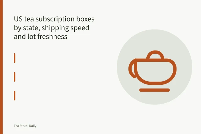 Loose-leaf tea scooped into a subscription box beside a printed lot date. US tea subscription boxes by state, shipping speed and lot freshness