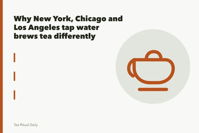 Hot water poured from a glass kettle over loose tea leaves brewing. Why New York, Chicago and Los Angeles tap water brews tea differently