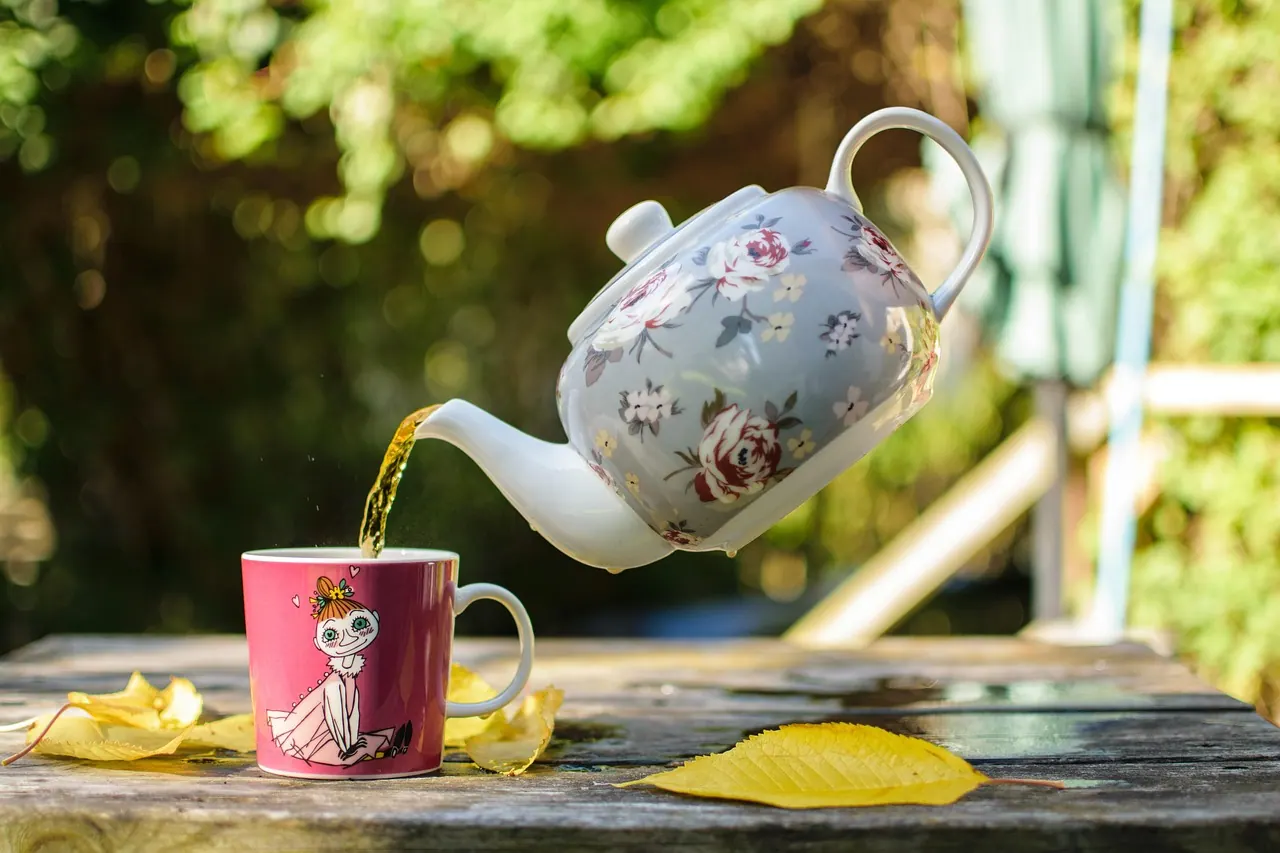 tea, teapot, pour, cup, drink, teacup, tea cup, porcelain, fall, autumn, autumn leaves, leaves, outdoors, nature, bokeh, closeup