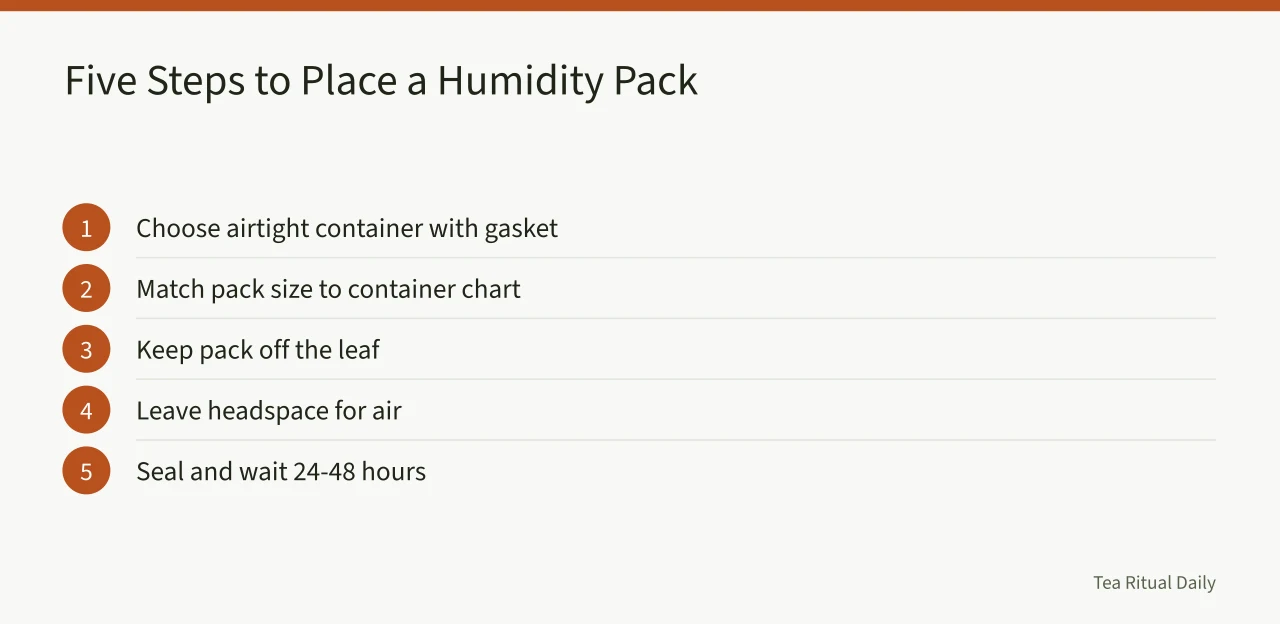 Five-step checklist for placing a two-way humidity pack in a tea container (Tea Storage Humidity Packs: What Actually Protects Loose Leaf)