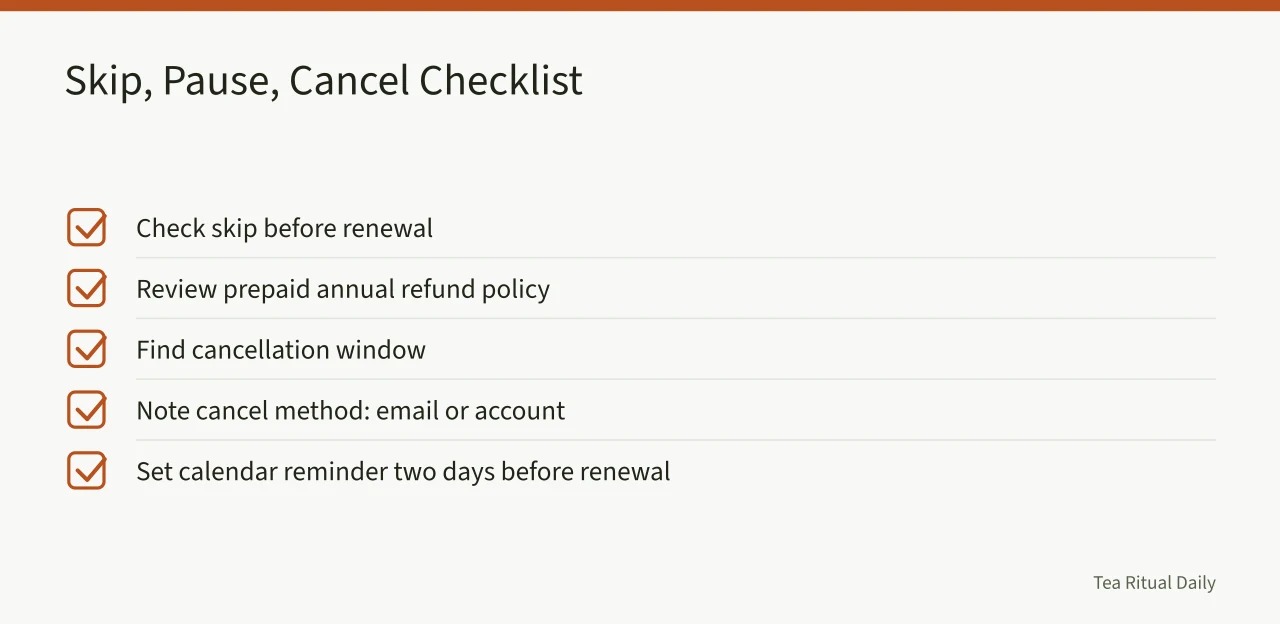 Checklist for reviewing skip, pause, and cancel terms (Tea Subscription Boxes for Ritual Drinkers: What to Check Before You Commit)